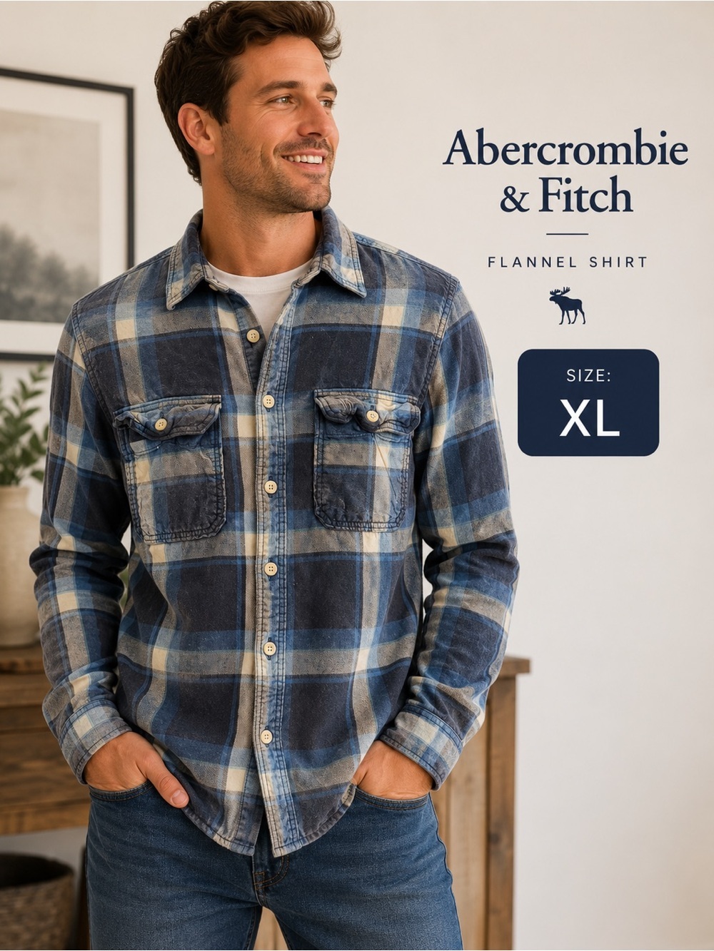 Abercrombie & Fitch Men's Blue, Gray and Cream Plaid Button-Down Shirt XL